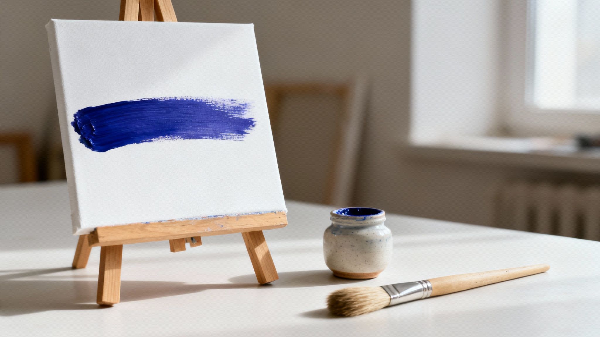 A small white canvas on a wooden easel features a bold blue brushstroke, with a paintbrush and paint pot beside it.