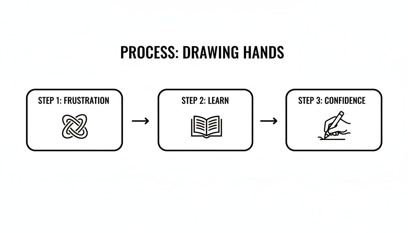 A diagram illustrating the process of drawing hands, moving from frustration to learning and confidence.