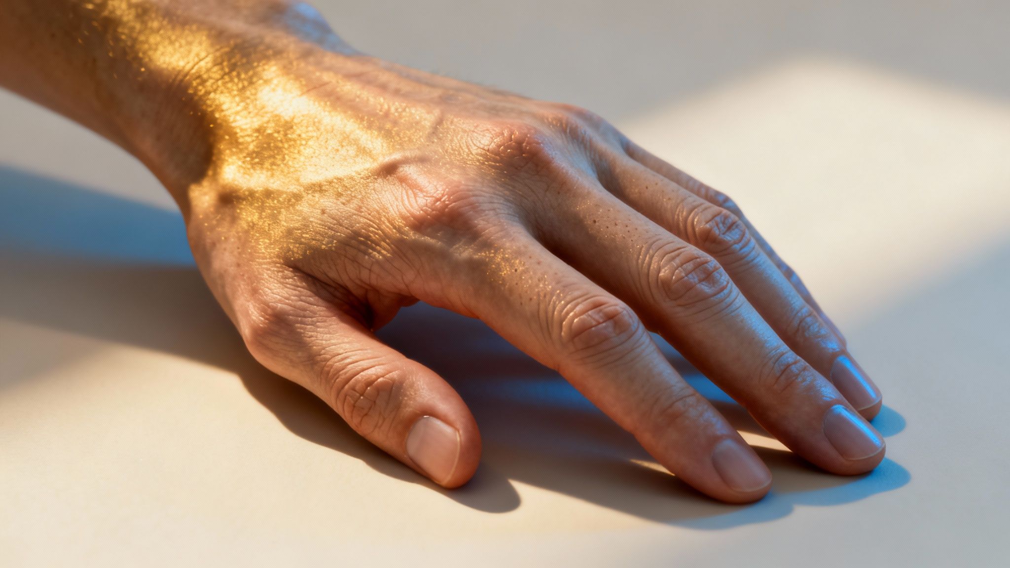 Close-up of a human hand covered in shimmering gold glitter, resting on a beige surface with colorful light.