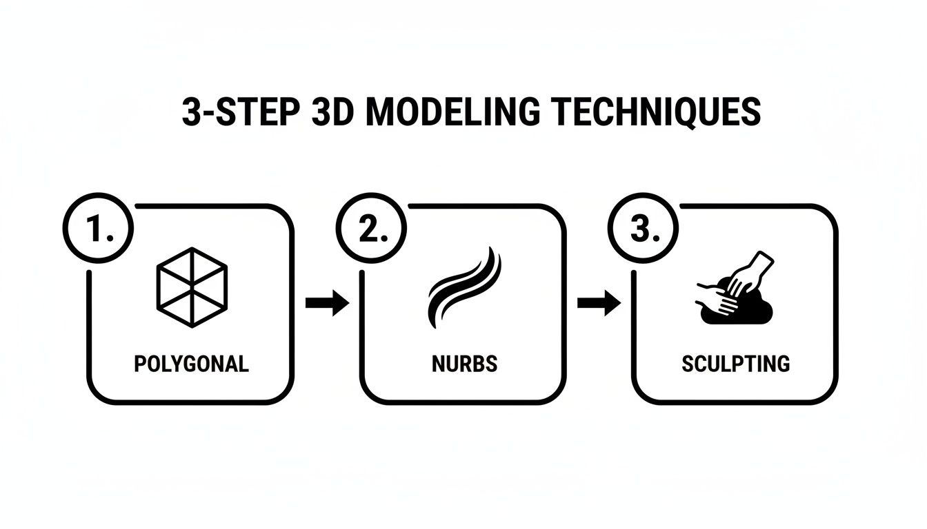 A 3-step diagram outlining 3D modeling techniques: Polygonal, NURBS, and Sculpting methods.