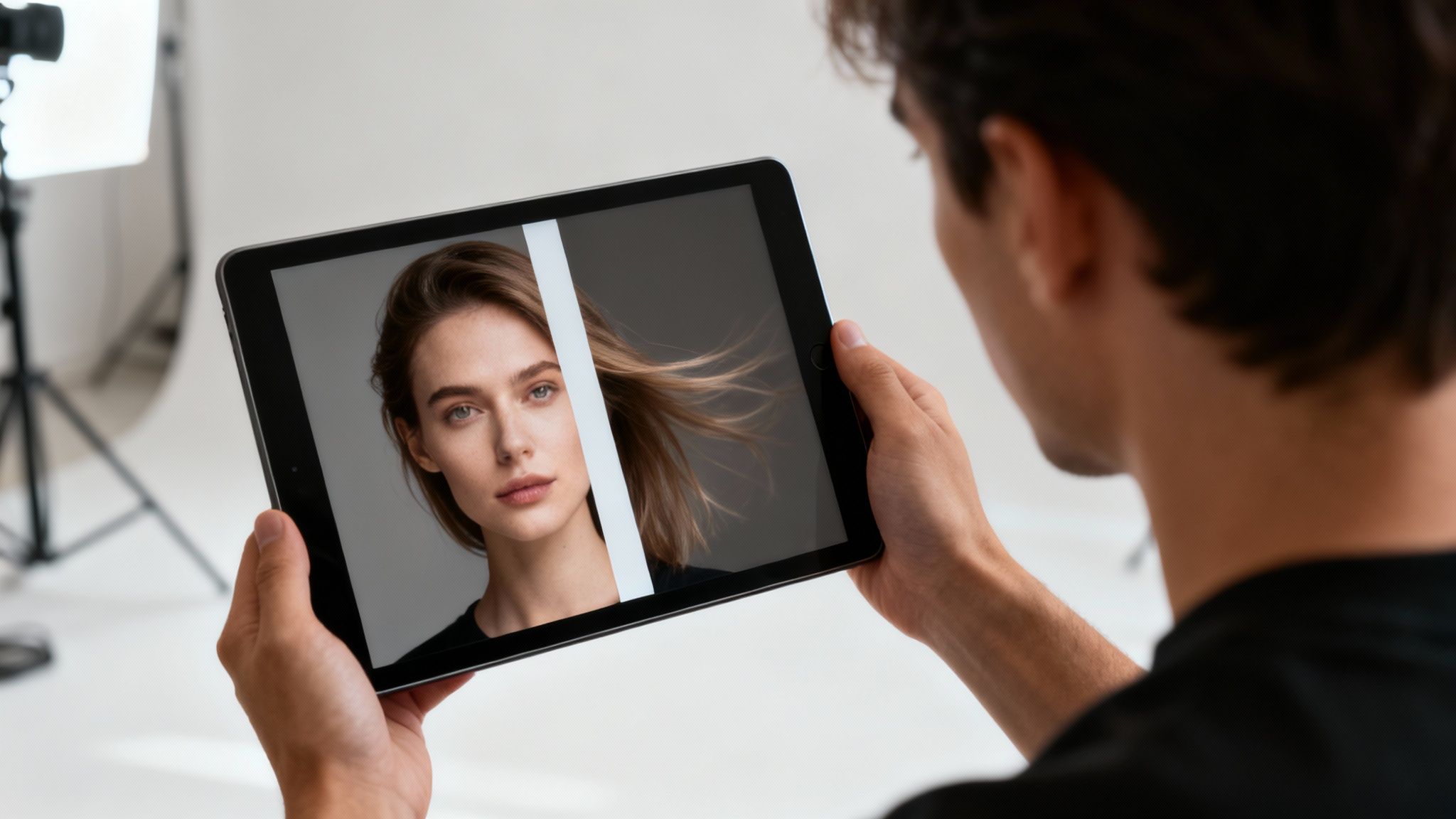 A person holds a tablet displaying a photo of a woman with a vertical split screen, in a studio.