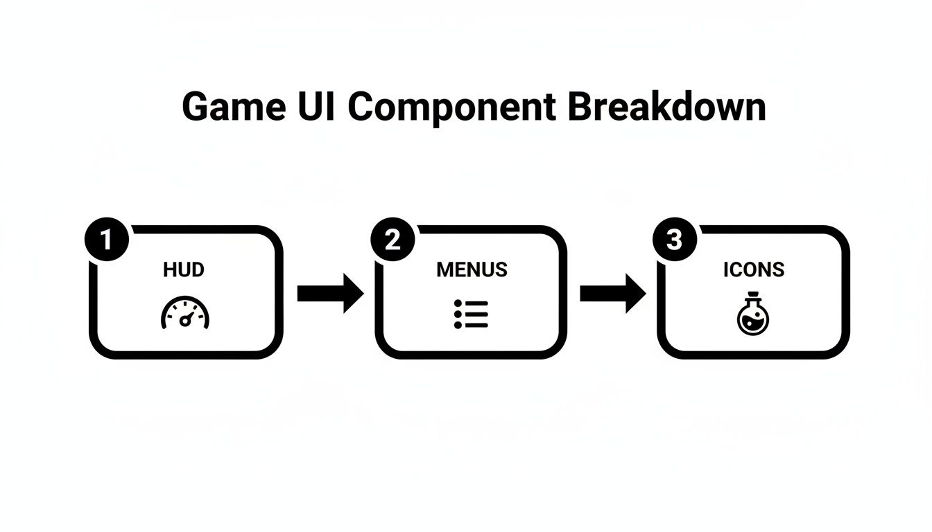 Flow diagram showing a game UI component breakdown: HUD, Menus, and Icons with illustrative icons.