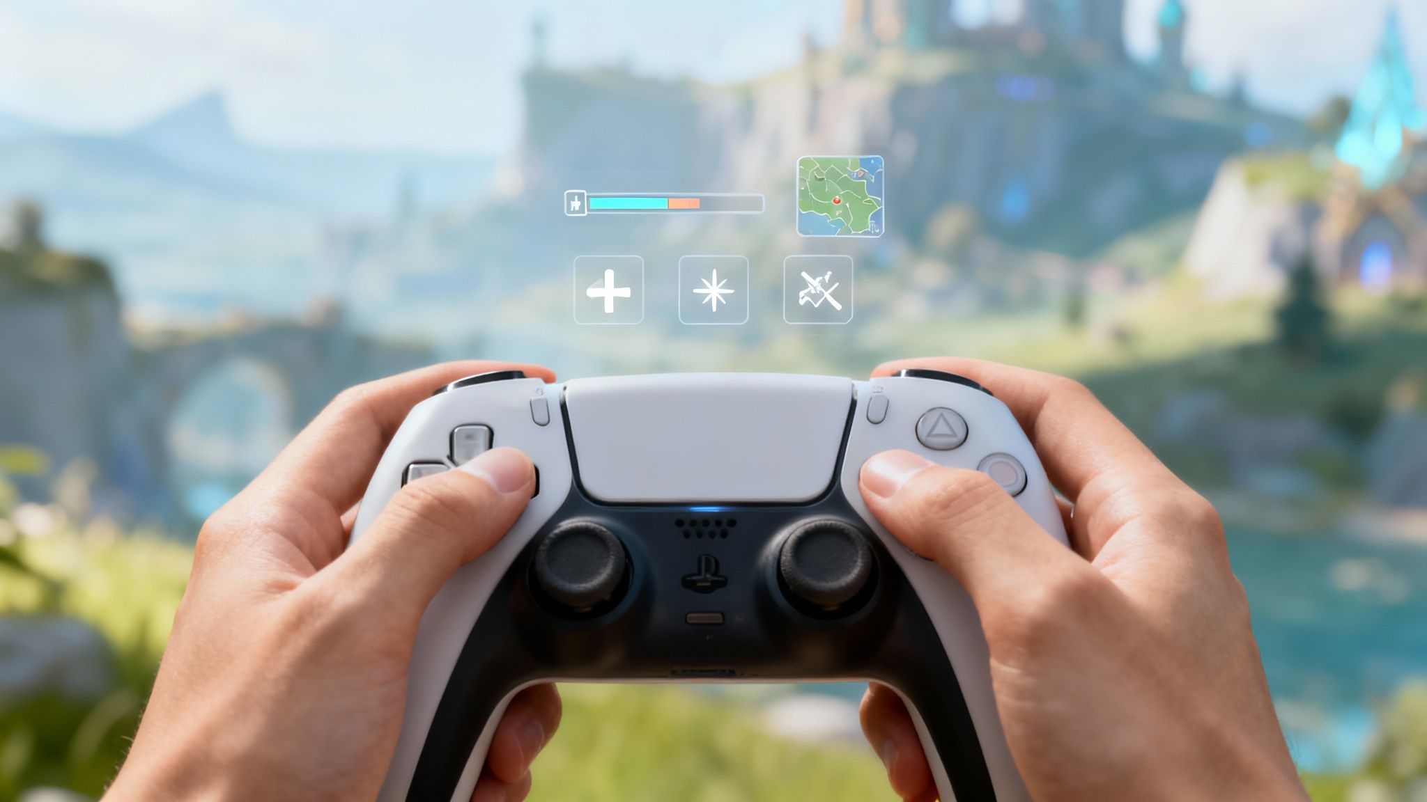 Hands holding a white PlayStation 5 controller with an augmented reality game interface overlaid on a fantasy world.