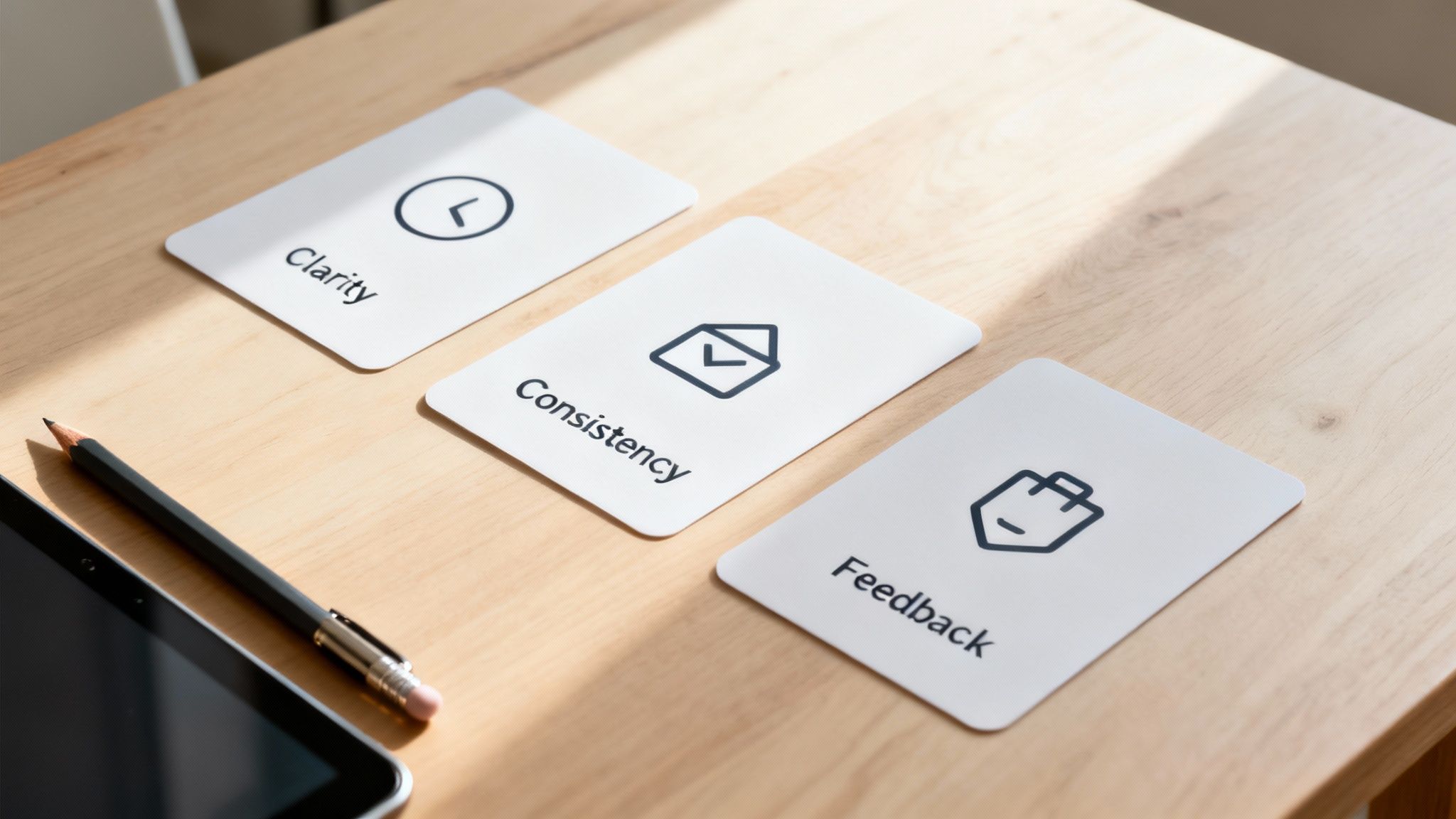 Three white cards displaying 'Clarity', 'Consistency', 'Feedback' with icons on a wooden table.