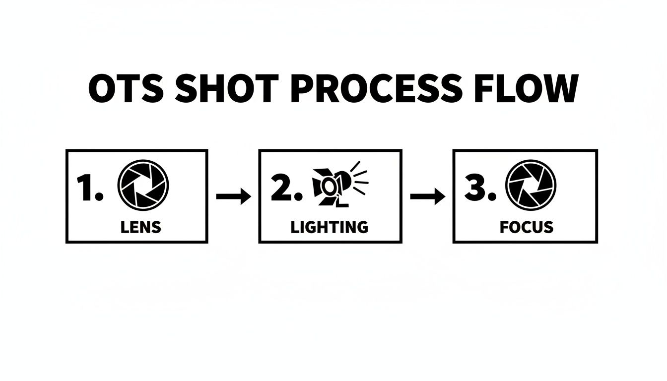 Process flow diagram outlining the OTS shot process: Lens, Lighting, and Focus steps.
