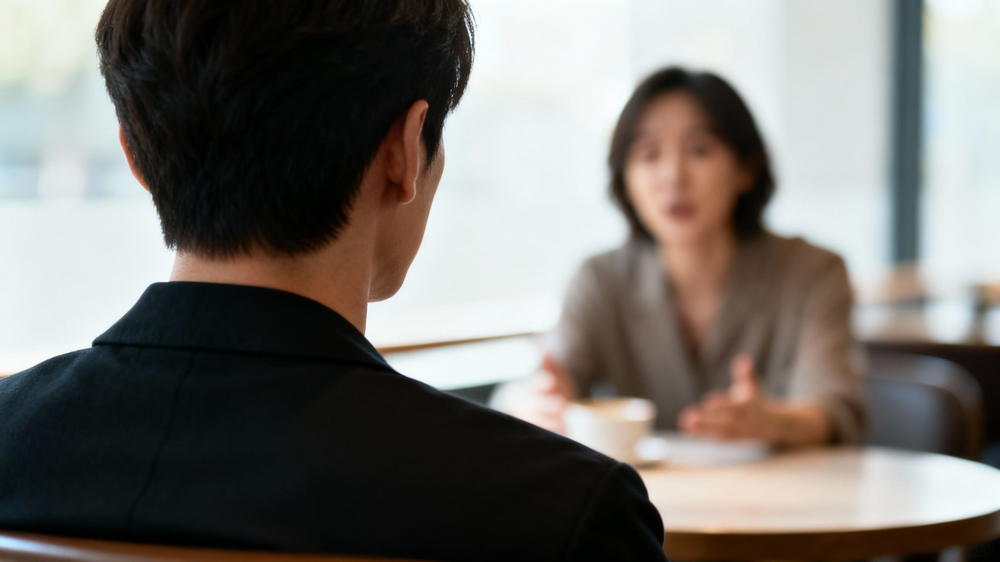 Over-the-shoulder view of a man in a black suit listening to a woman talking at a table.