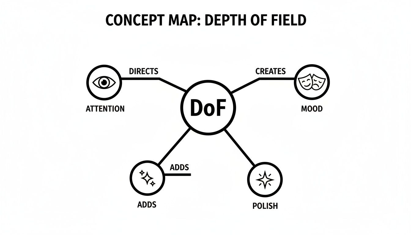 Concept map illustrating Depth of Field (DoF) directs attention, creates mood, adds sparkle, and polish.