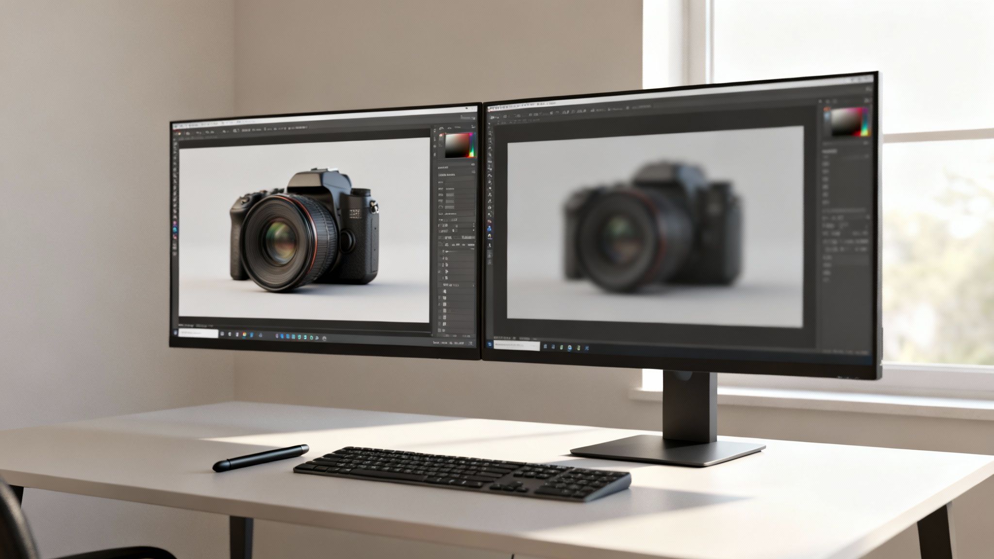 Dual monitors display a digital camera image, one sharp and one blurred, with a keyboard and stylus.
