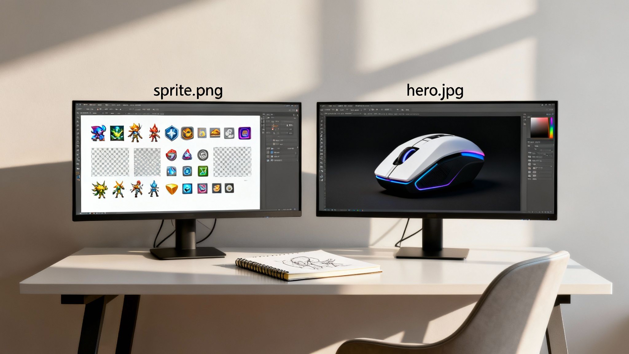 Two computer monitors on a desk, showing a sprite PNG on the left and a gaming mouse JPG on the right.