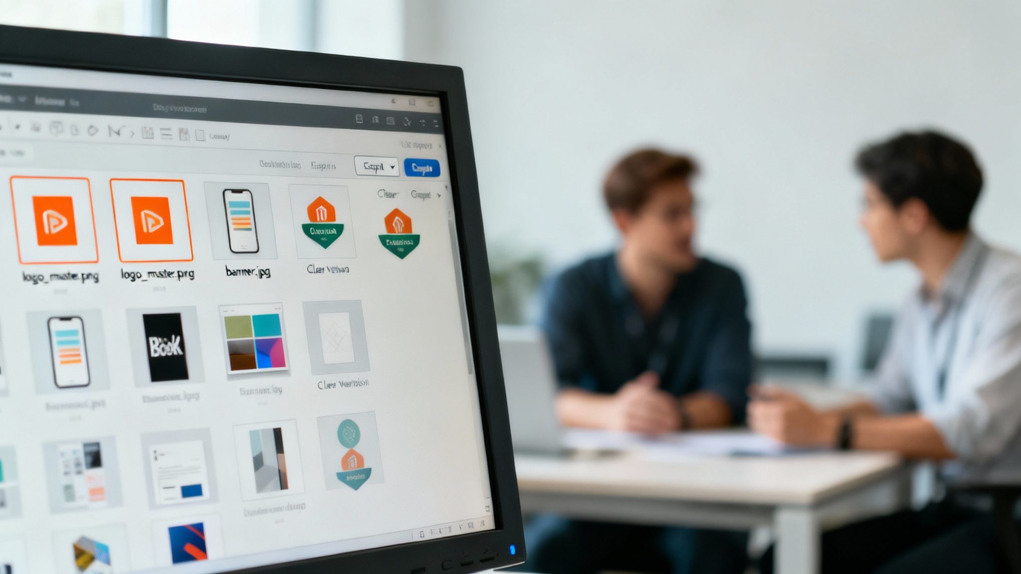 A computer monitor displays a gallery of digital image files, including logos and designs, with two men talking in the blurred background.