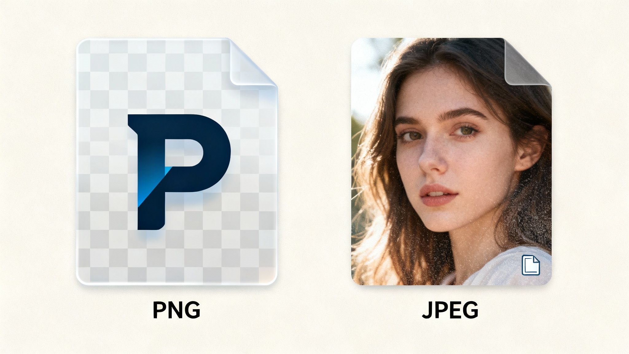 Two file icons side-by-side: a PNG icon with a 'P' on a transparent background and a JPEG icon showing a woman's portrait.