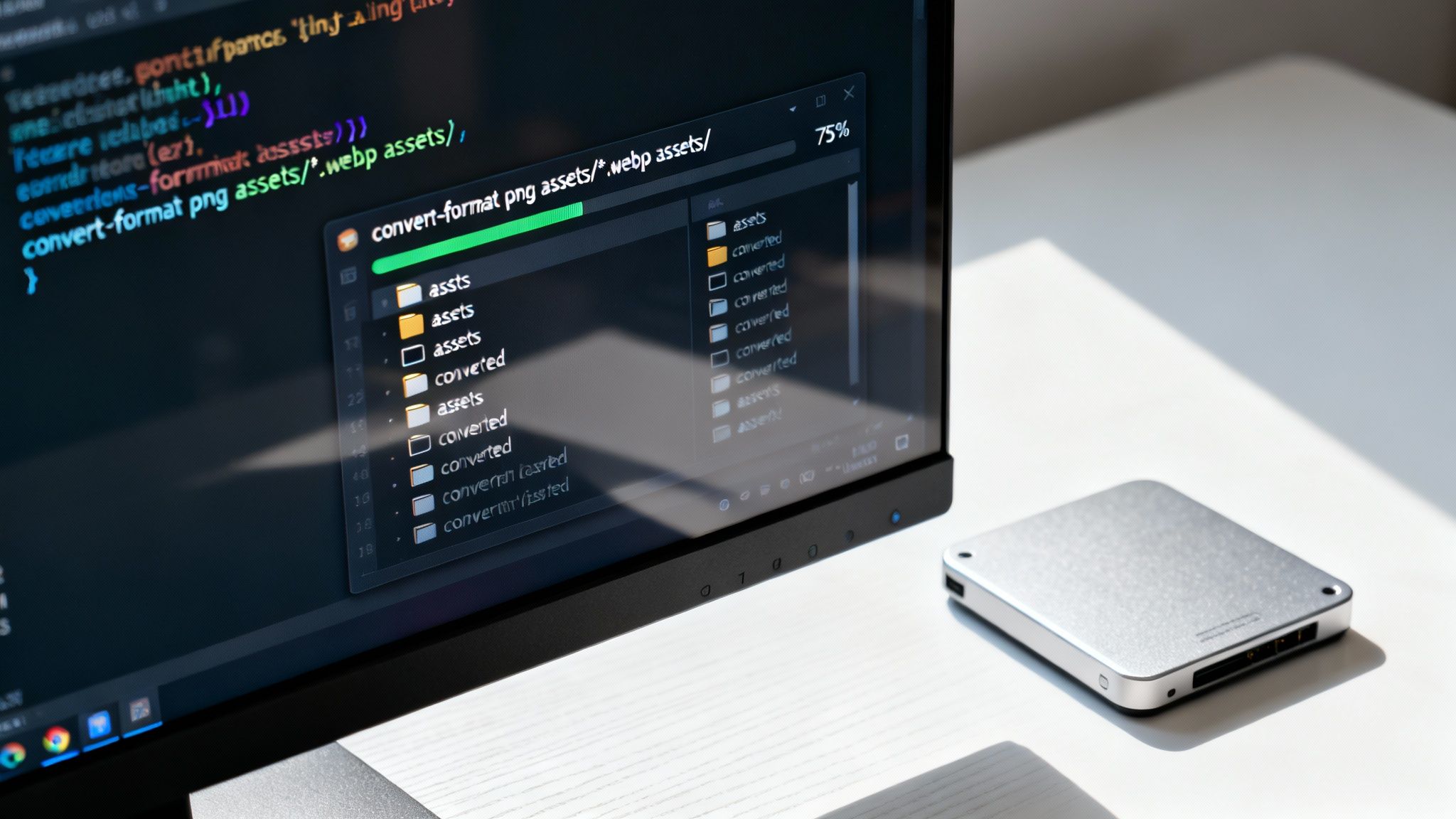 Computer monitor shows code converting webp to PNG, 75% complete, with an external SSD on a white desk.