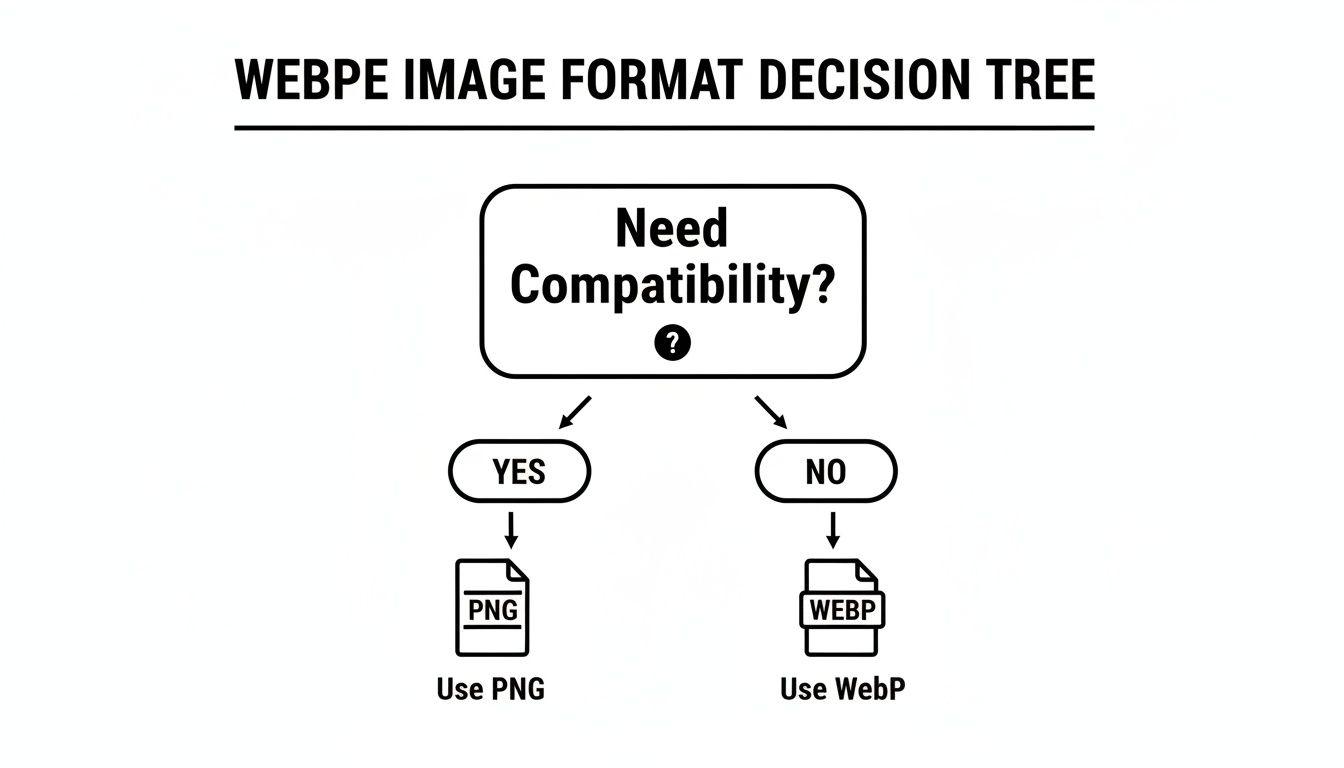 A decision tree flowchart guiding when to use PNG or WebP image formats based on compatibility needs.