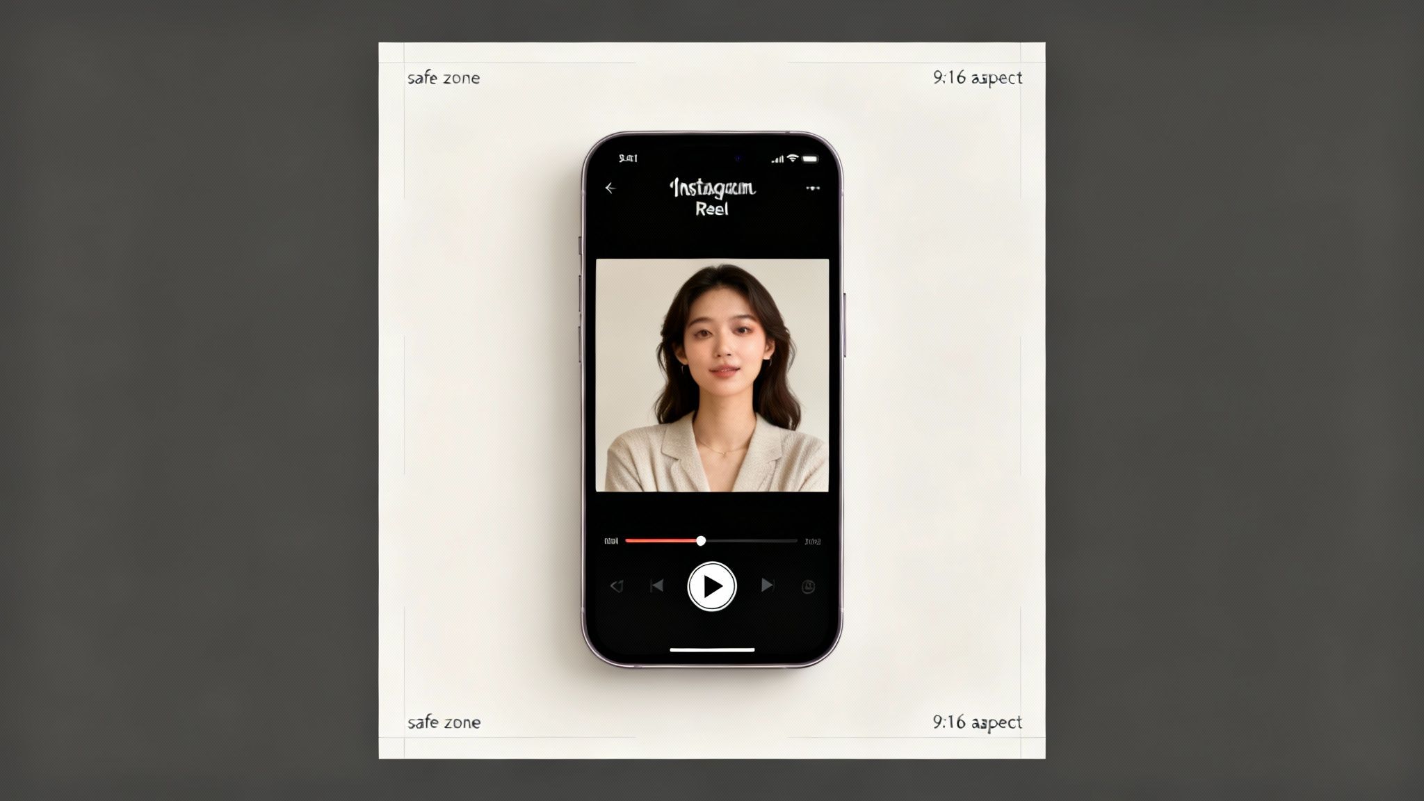 A smartphone displays an Instagram Reel of a young woman, centered within a 9:16 aspect ratio safe zone.