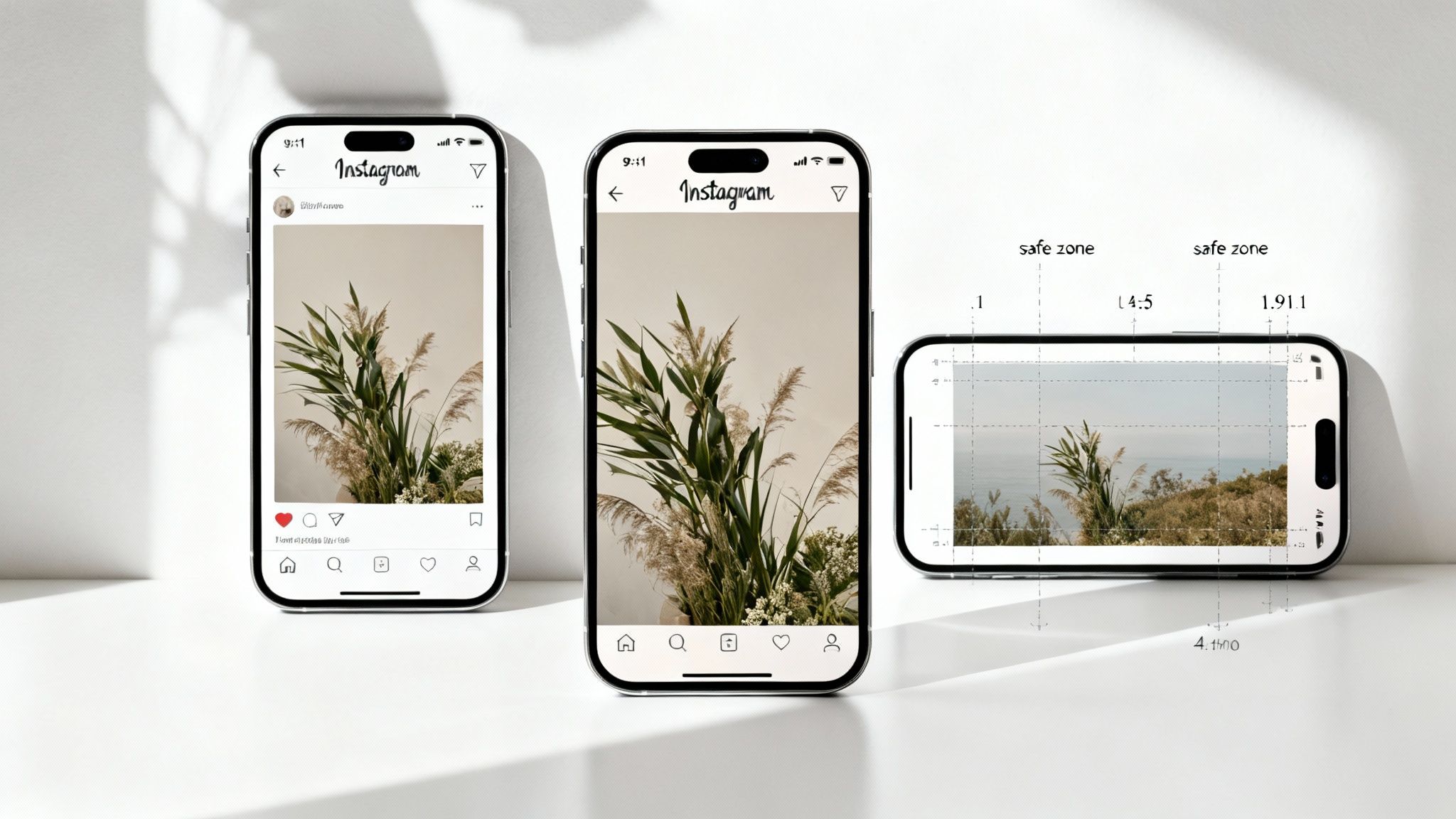 Three iPhones on a white surface showcasing various Instagram post formats and aspect ratio guidelines.
