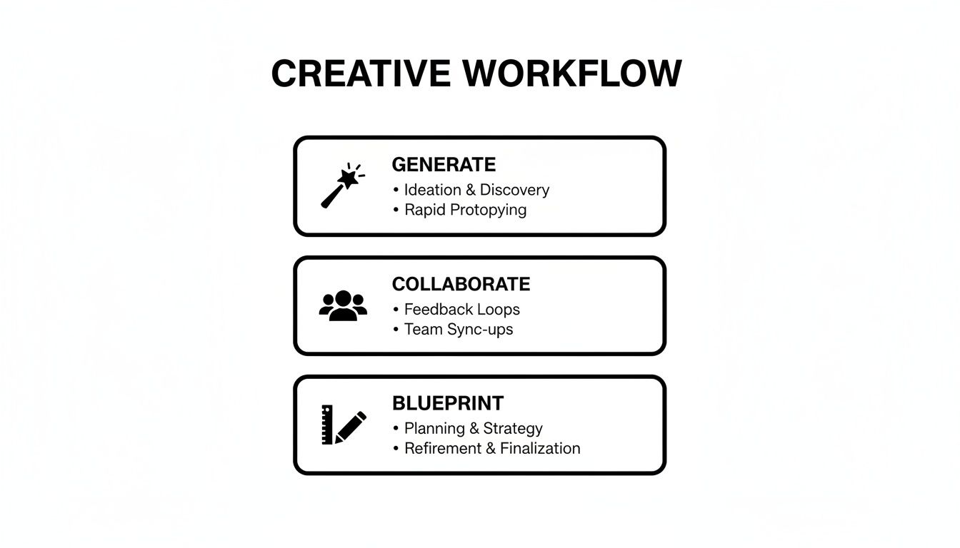 A creative workflow diagram outlining three key phases: Generate, Collaborate, and Blueprint, with associated tasks.