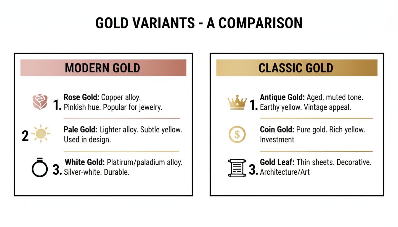 A detailed comparison chart showcasing modern and classic gold variants with their unique characteristics.