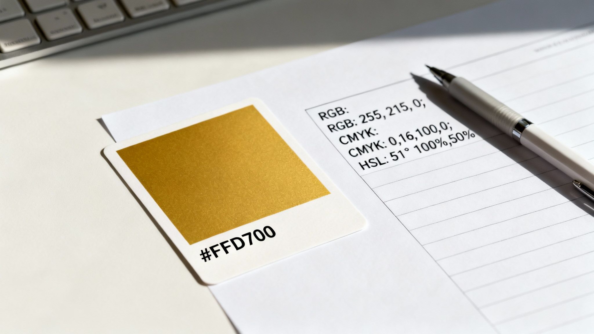 A gold color swatch card with #FFD700, RGB, CMYK, HSL values on paper next to a pen.