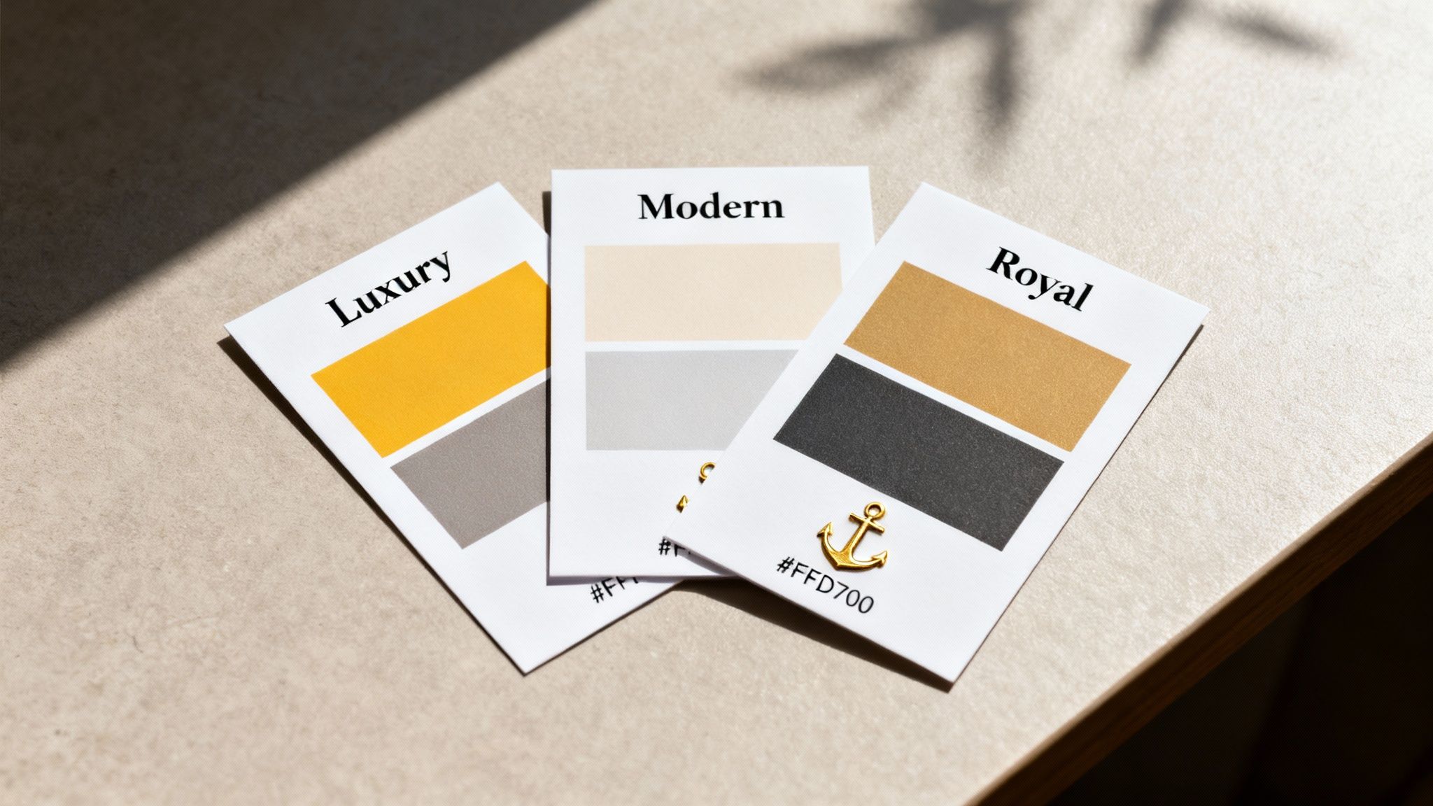 Three elegant color palette cards displaying Luxury, Modern, and Royal themes with golden and grey tones.