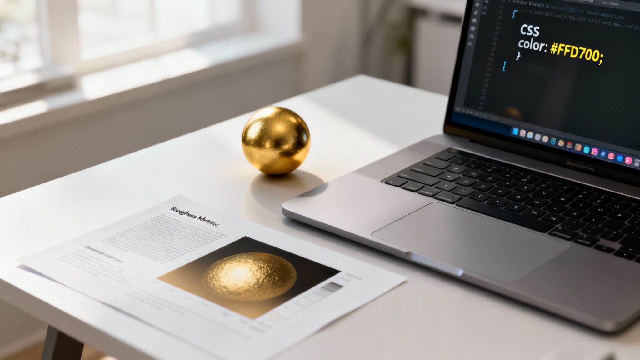A golden sphere, a laptop showing CSS code for gold color, and a document on a white desk.
