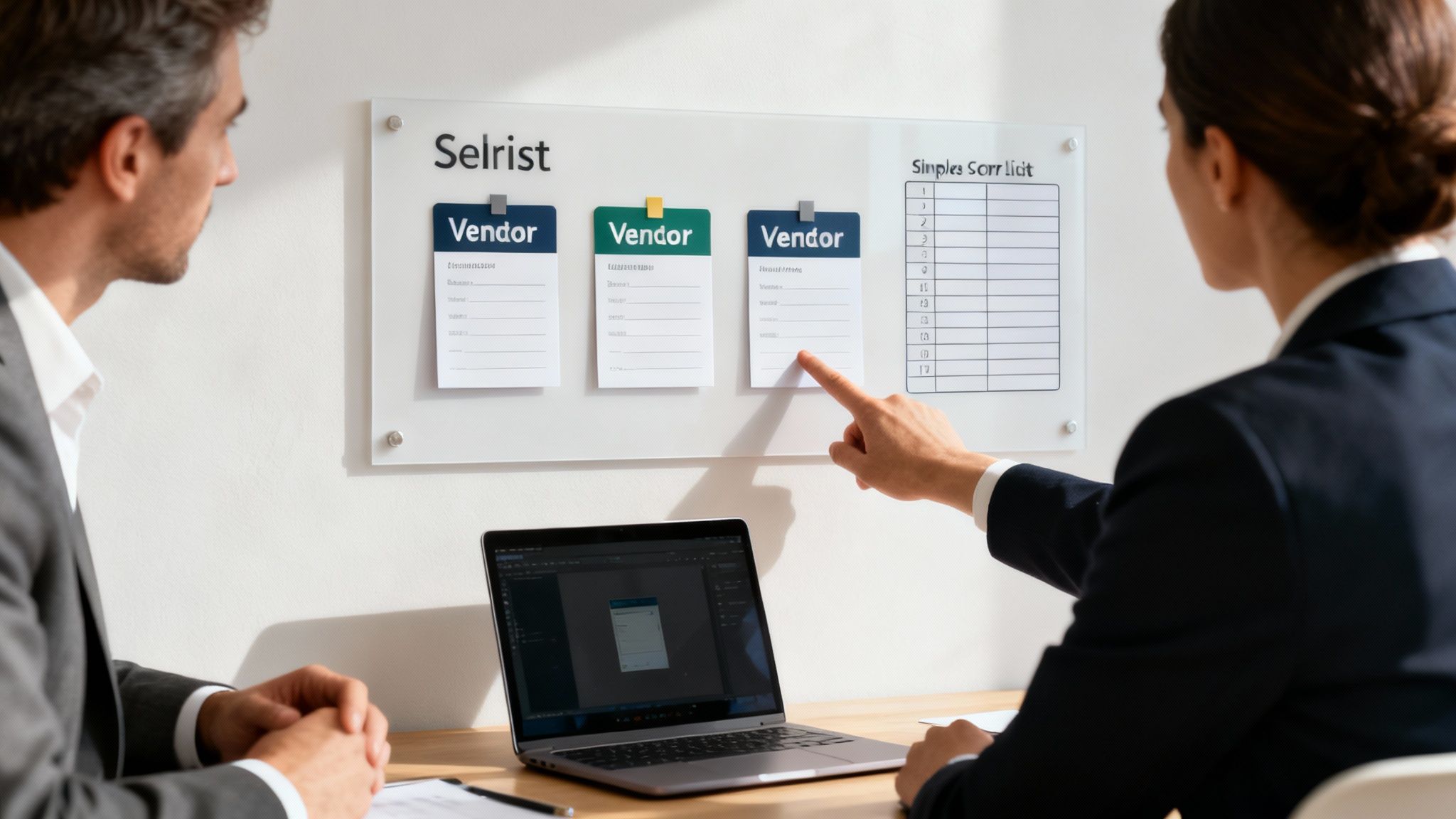 Two business professionals collaborating in an office, discussing vendor information on a clear wall board.
