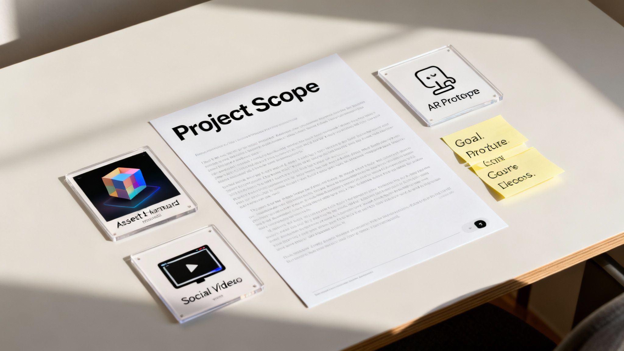 A desk with a 'Project Scope' document, AR prototype, asset, and social video cards, along with sticky notes.