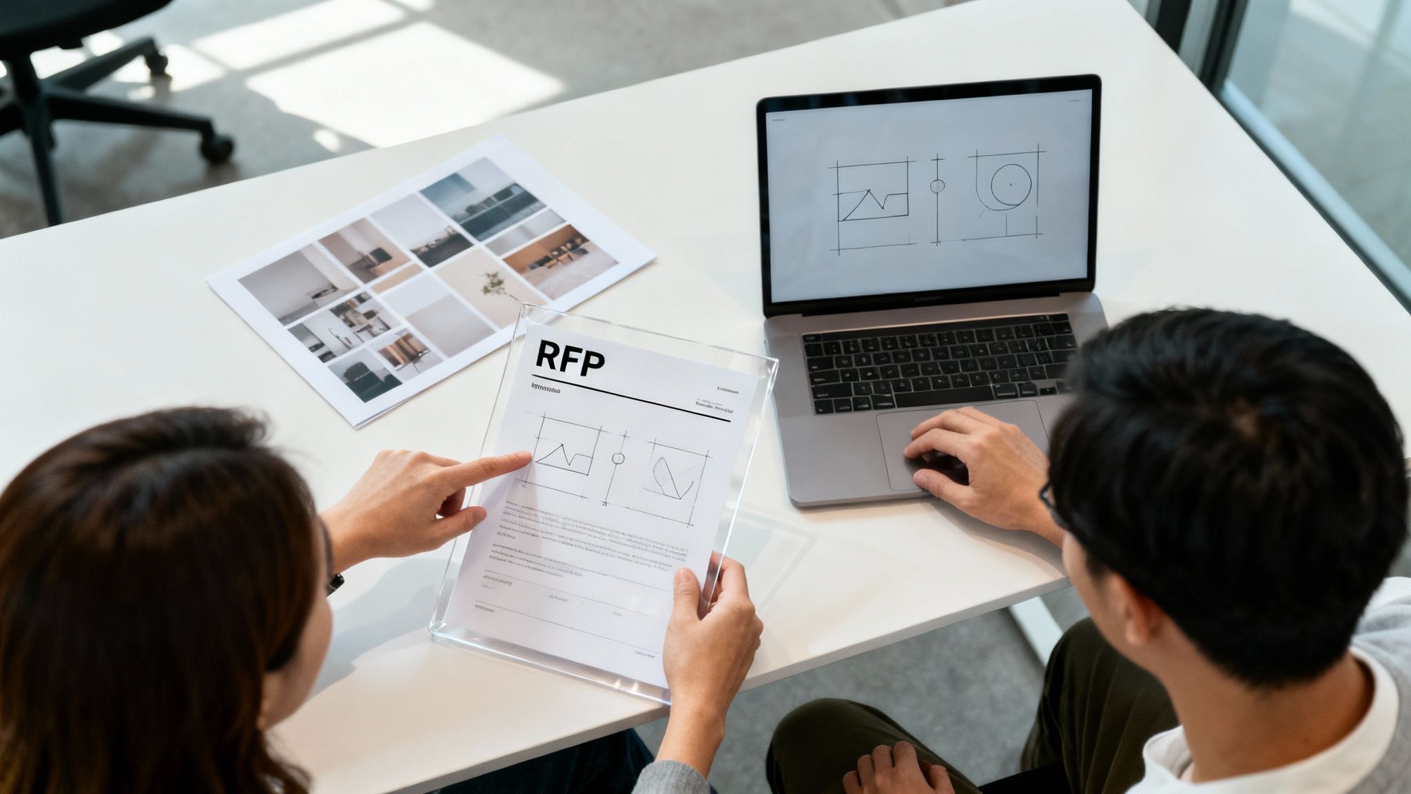Two colleagues collaborate on a Request for Proposals (RFP) document with design sketches, using a laptop.