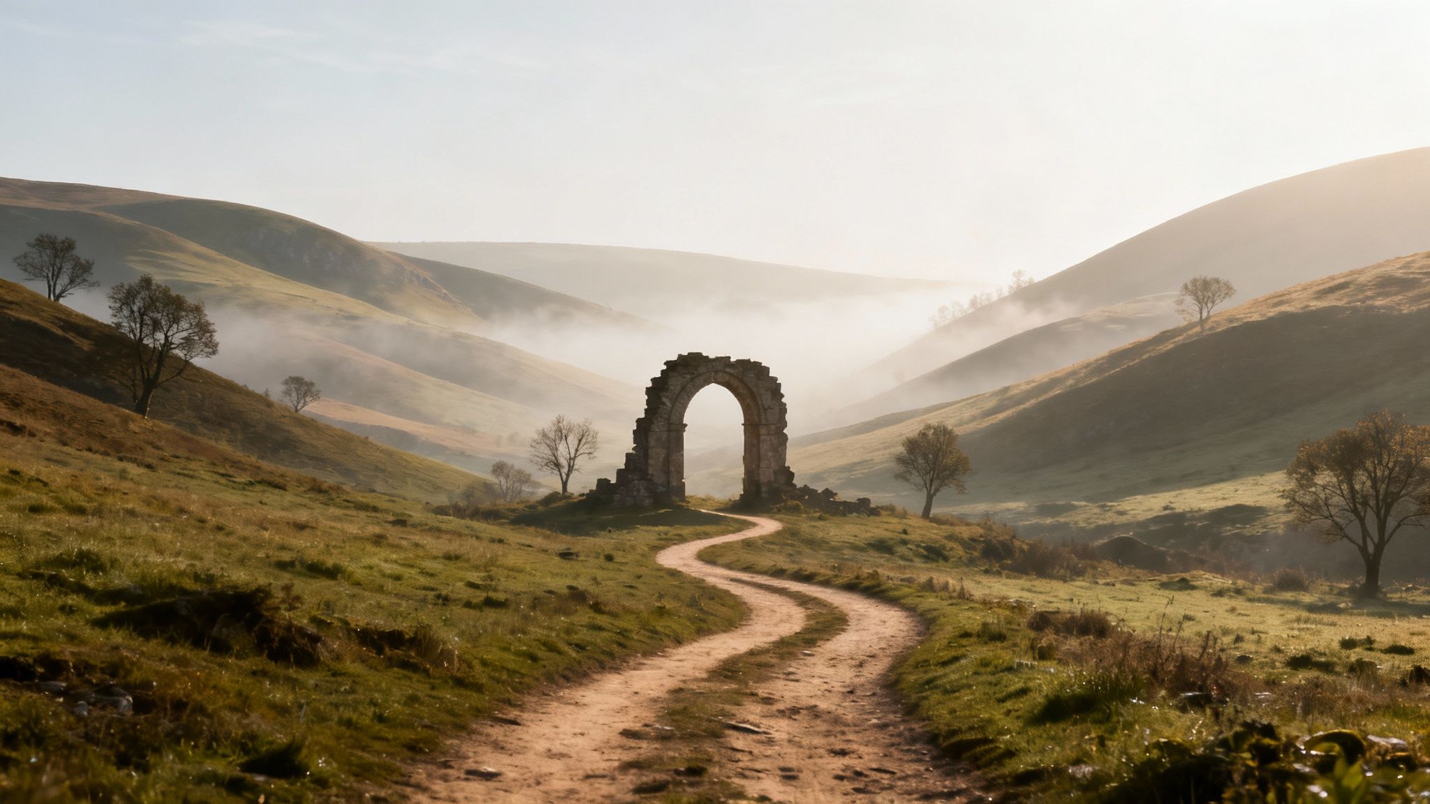 A winding dirt path leads to an ancient stone archway amidst misty, rolling green hills at sunrise.