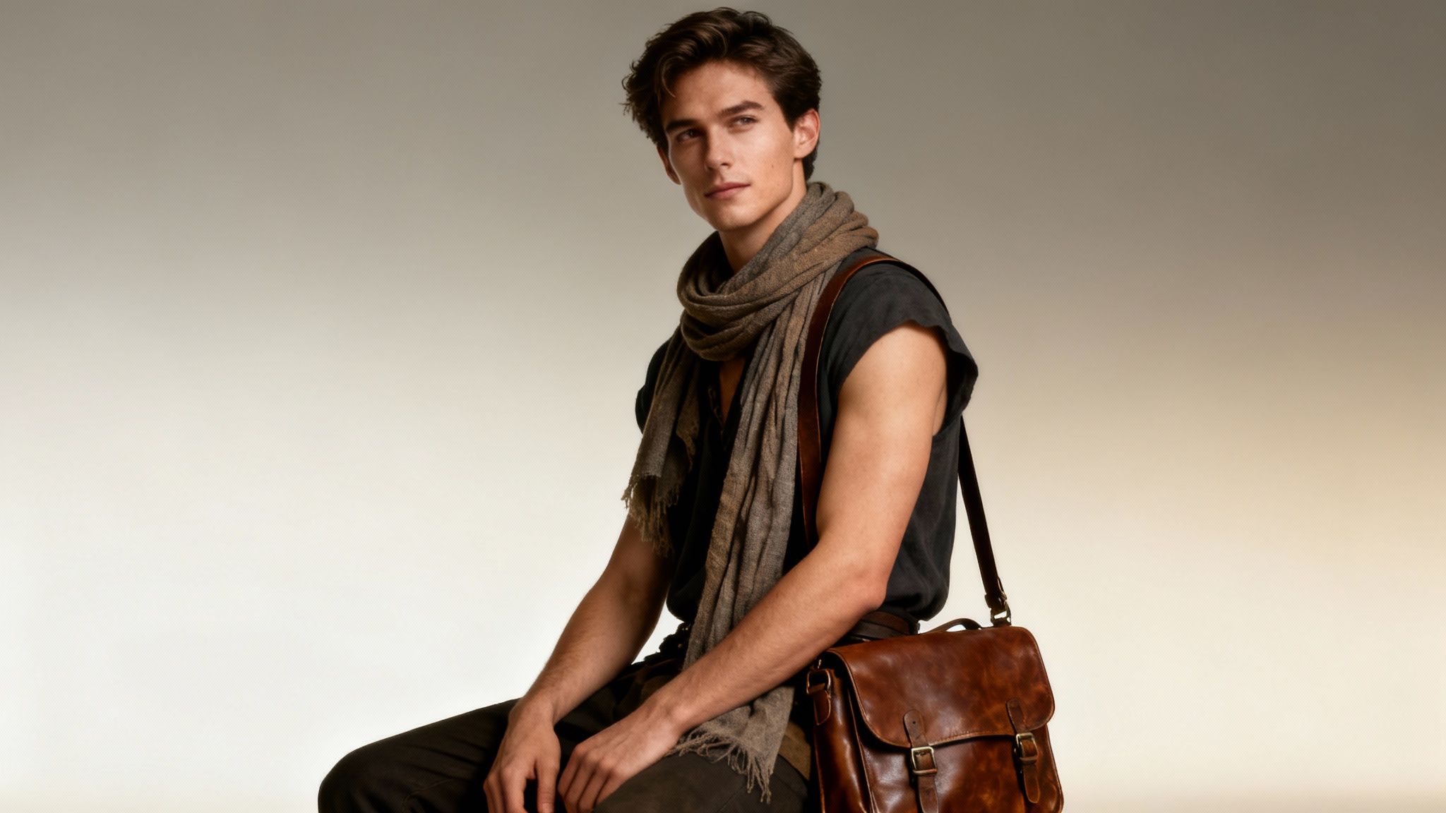 A young man with wavy hair, wearing a grey t-shirt, textured scarf, and brown leather messenger bag.