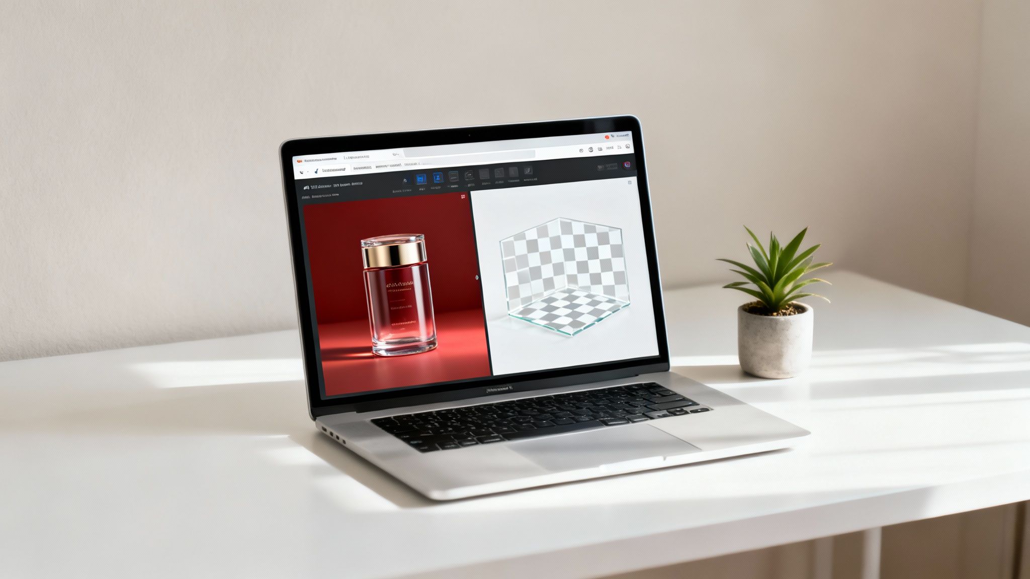 A laptop on a white desk displays a cosmetic bottle image and a transparency checkerboard.