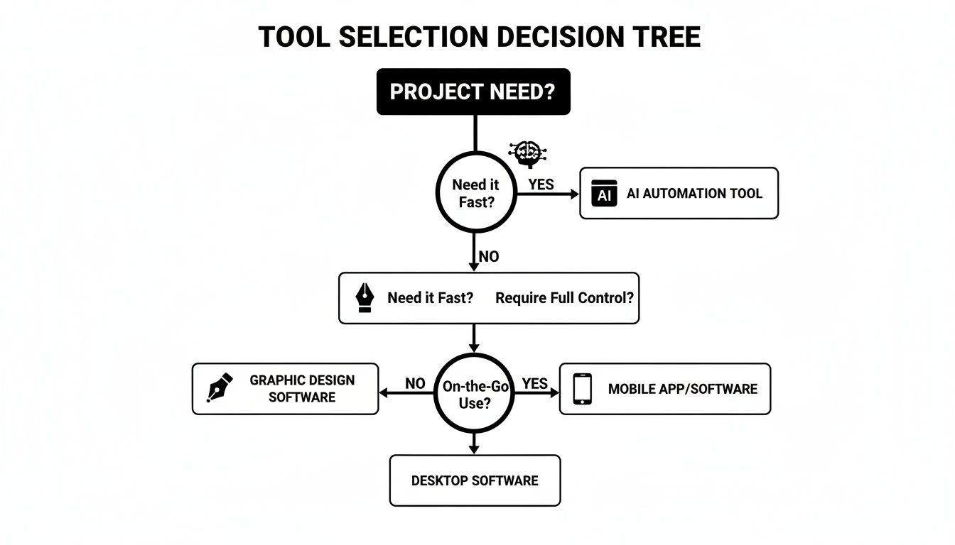 A tool selection decision tree flowchart guides users to choose software based on speed, control, and mobility.