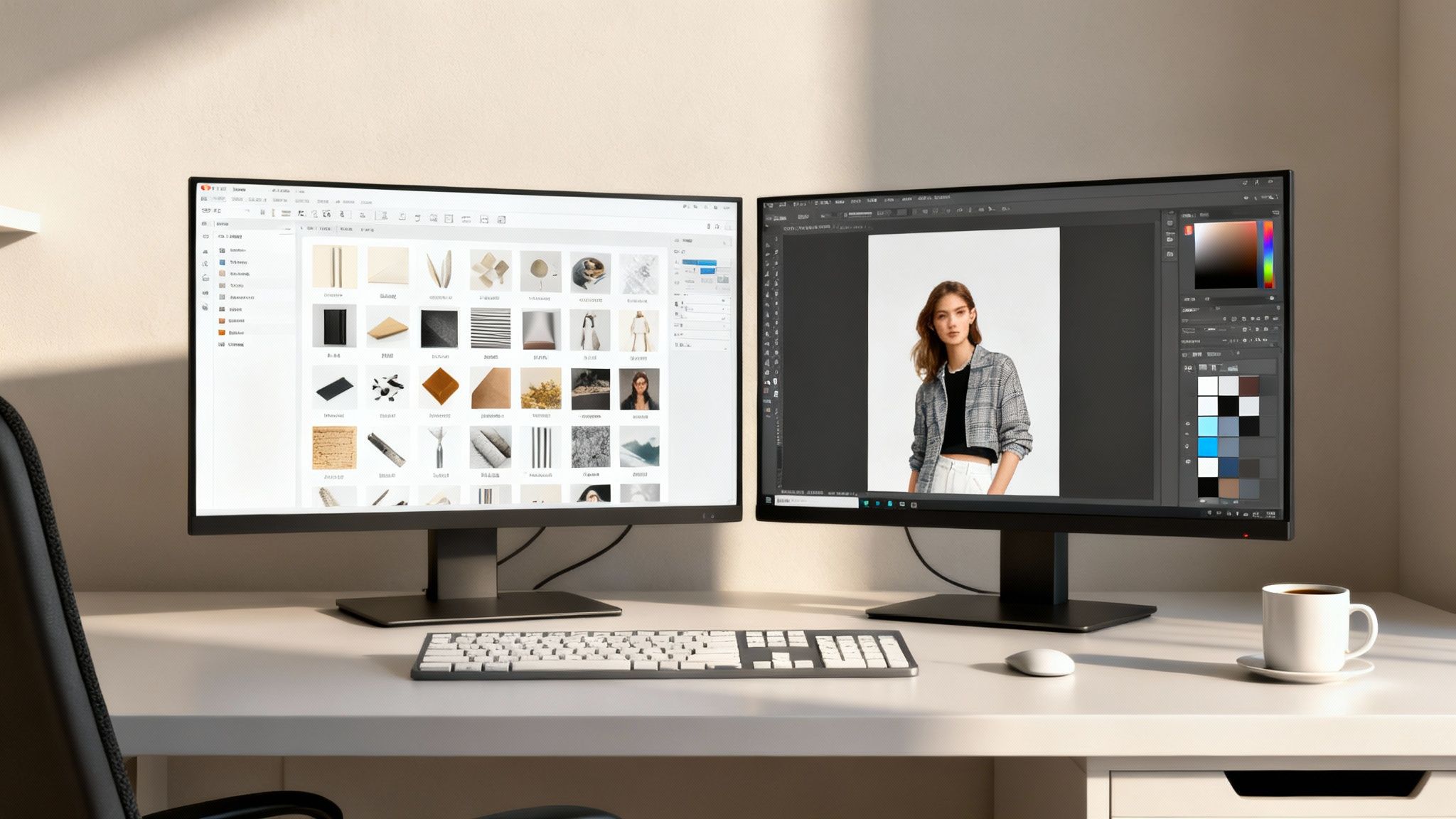 Dual monitors on a modern desk displaying image editing software and a photo gallery, with a coffee cup.
