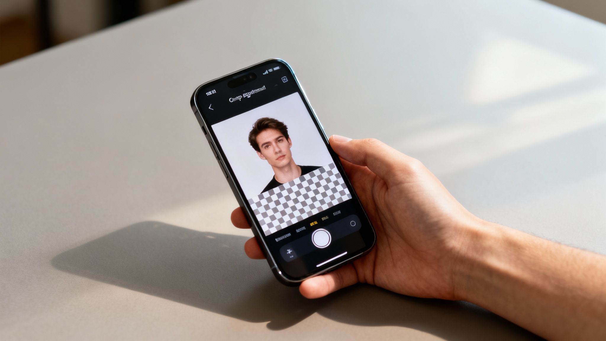 A hand holds an iPhone displaying a portrait photo of a man with a removed checkered background on a light table.
