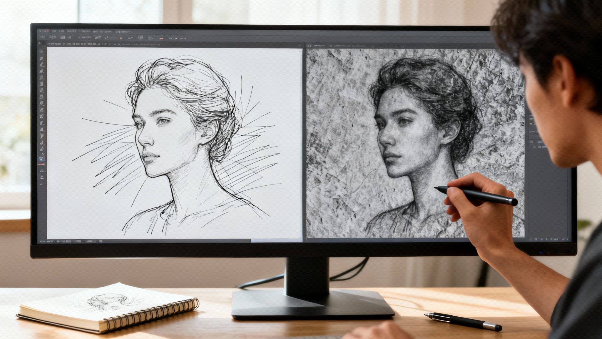 Artist uses a digital pen to refine a charcoal portrait on a split-screen monitor.