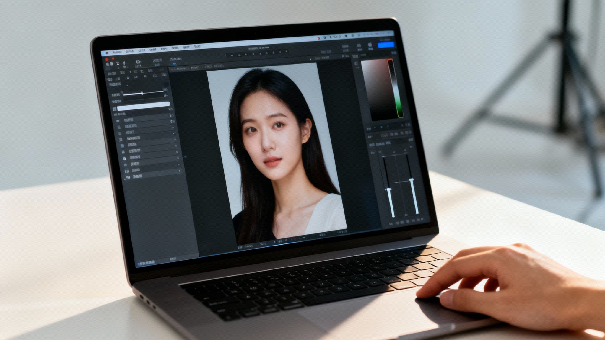 Close-up of hands editing a professional portrait photo of a woman on a laptop screen.
