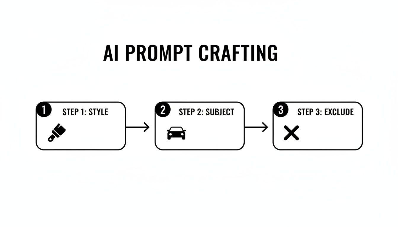Diagram illustrates three steps for AI prompt crafting: style (paintbrush), subject (car), and exclude (X mark).