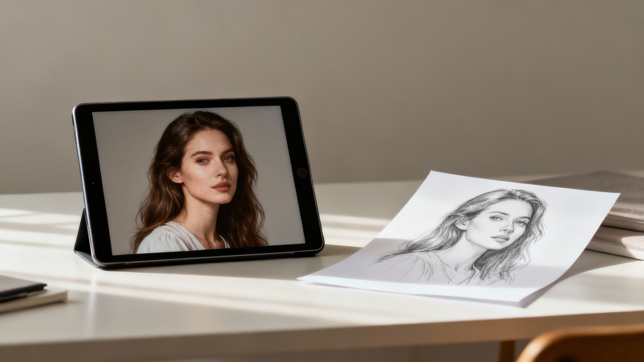 A digital tablet displays a woman's photo, alongside her detailed pencil sketch on white paper.