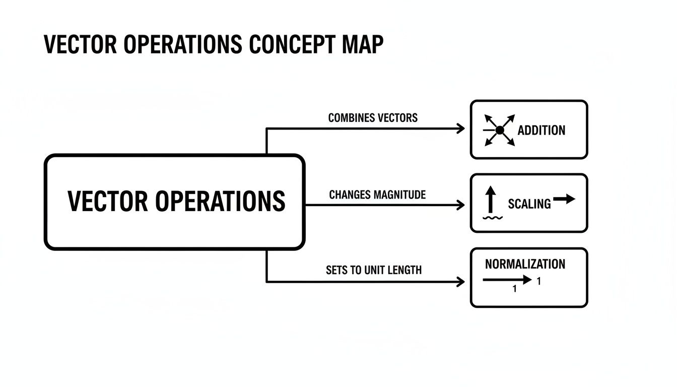 Diagram showing vector operations: addition combines, scaling changes magnitude, normalization sets to unit length.