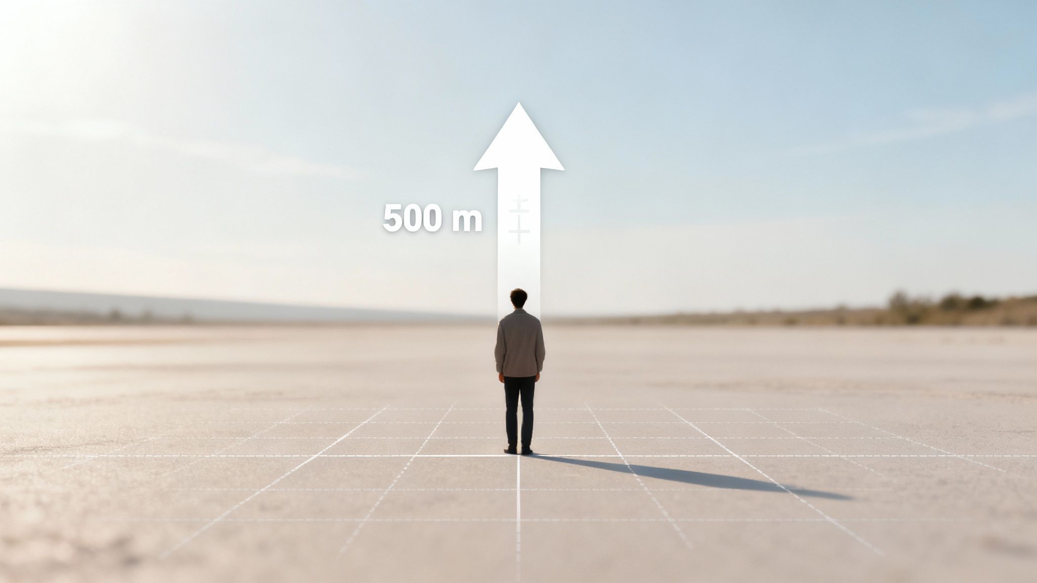 Person stands in a vast landscape, a 500m arrow indicating forward progress or distance.