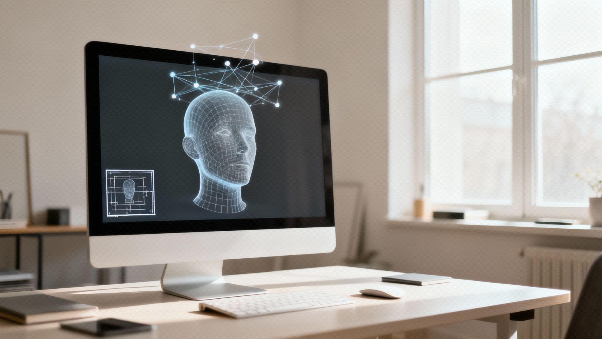 A computer screen in a bright office displays a 3D wireframe human head with data connections, symbolizing AI or digital intelligence.