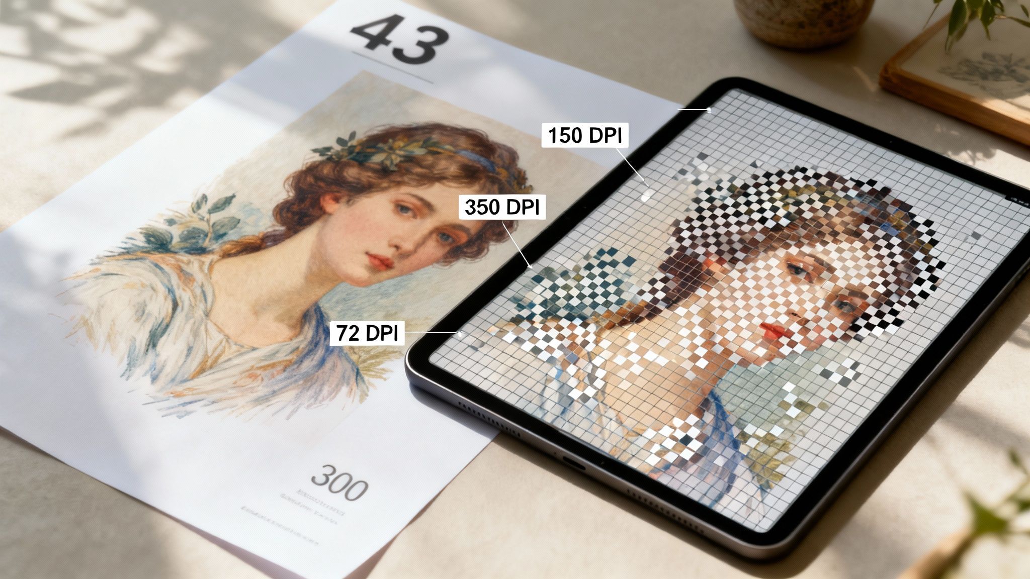 Side-by-side comparison of a high-resolution printed image and a low-resolution pixelated image on a tablet, illustrating DPI.