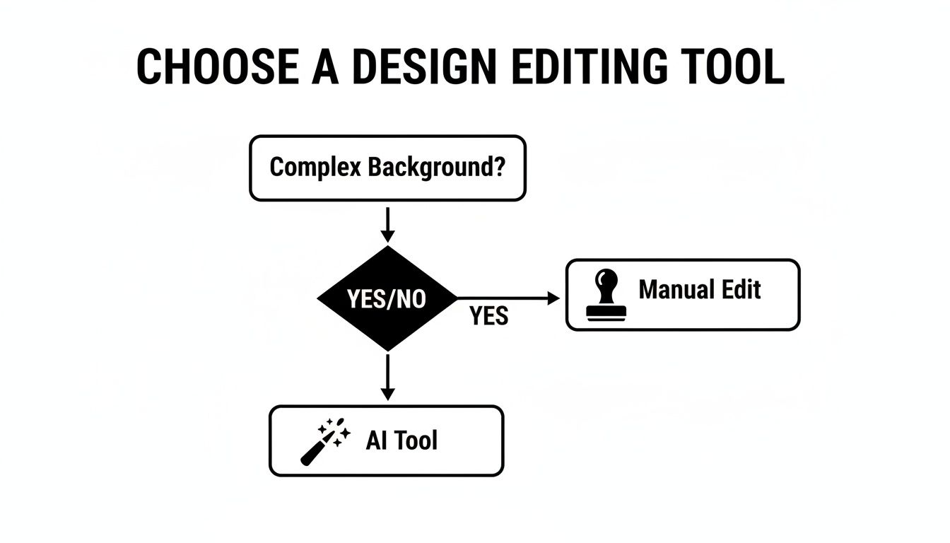A flowchart titled 'Choose a Design Editing Tool' showing a decision between 'Manual Edit' and 'AI Tool'.