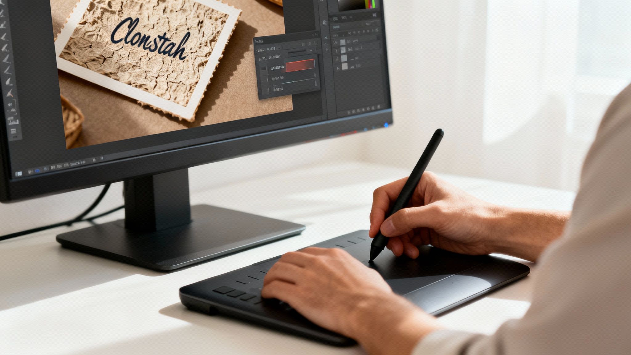 A person is using a graphics tablet and stylus, editing an image on a computer monitor.