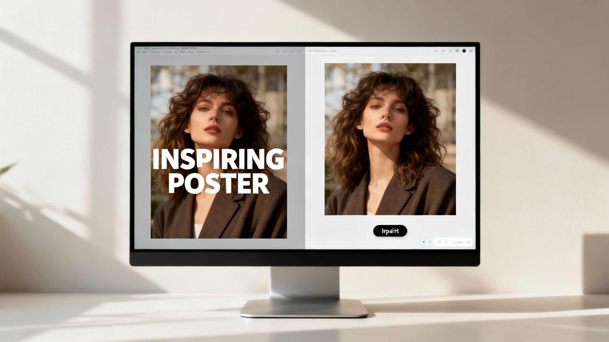 A computer monitor displays an image of a woman, demonstrating text removal from a poster design.