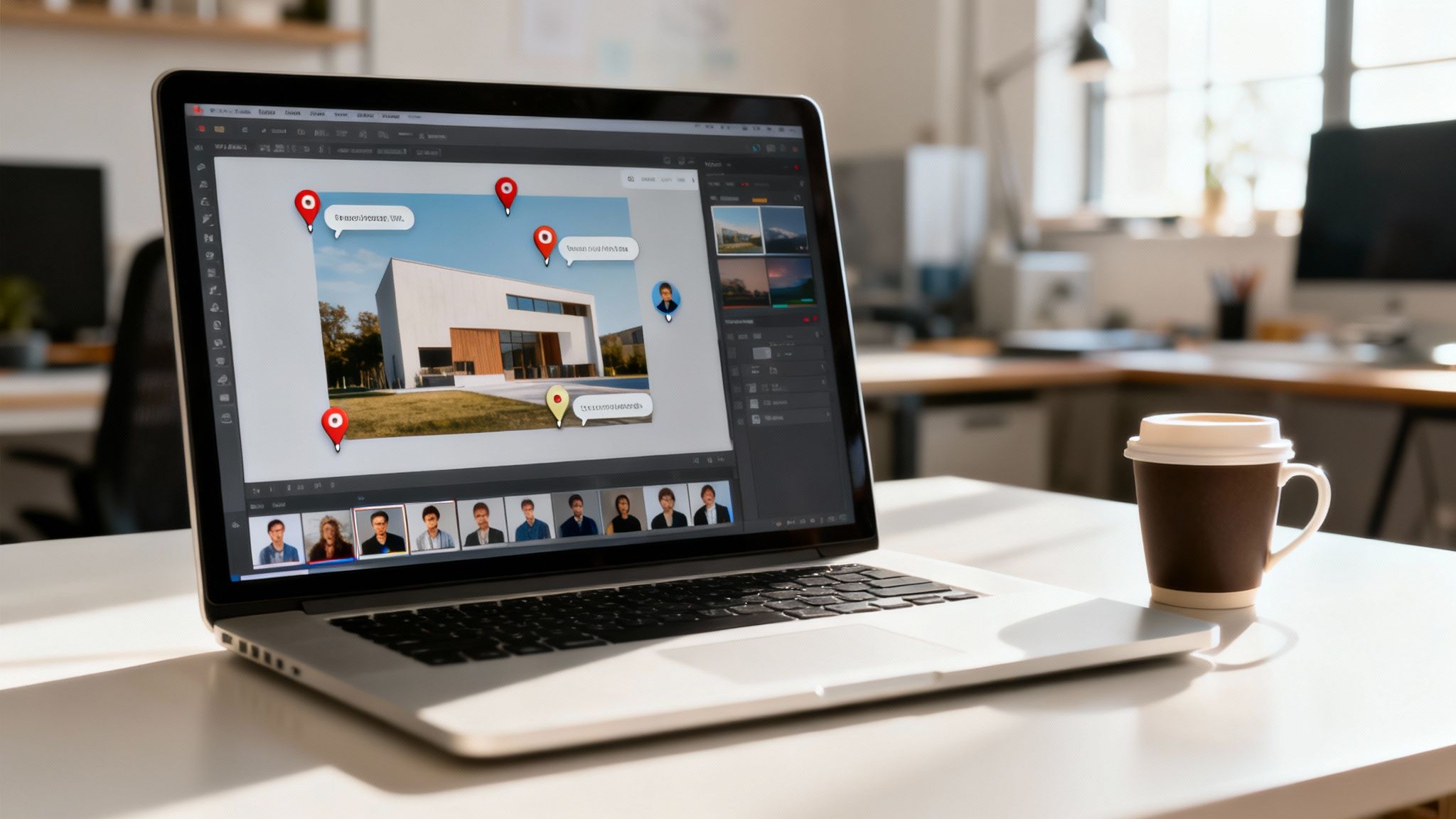 Laptop on a desk displaying image editing software with a modern house, location pins, and user profiles, with a coffee cup nearby.