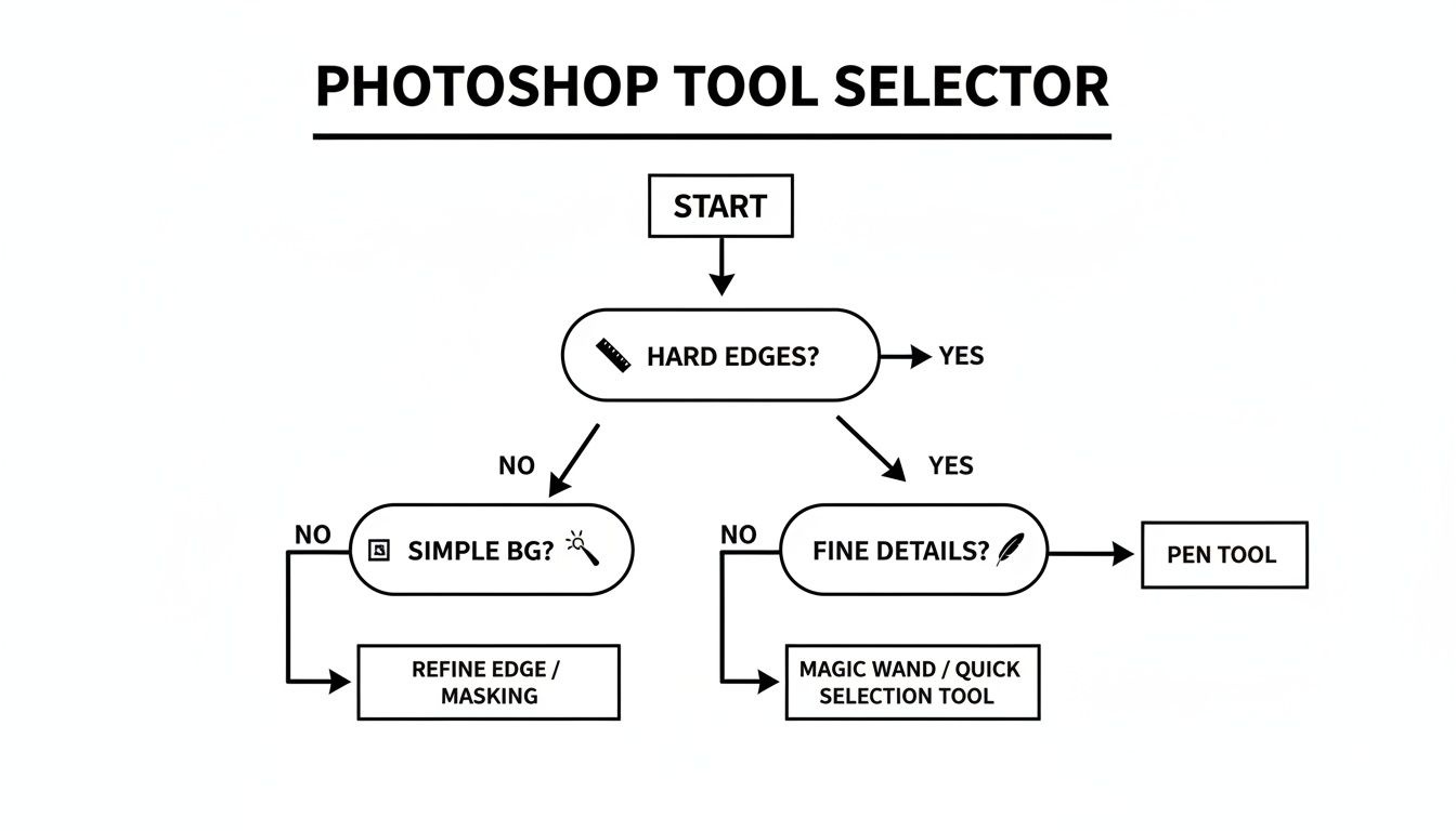 A Photoshop tool selector flowchart guiding users for effective background removal.