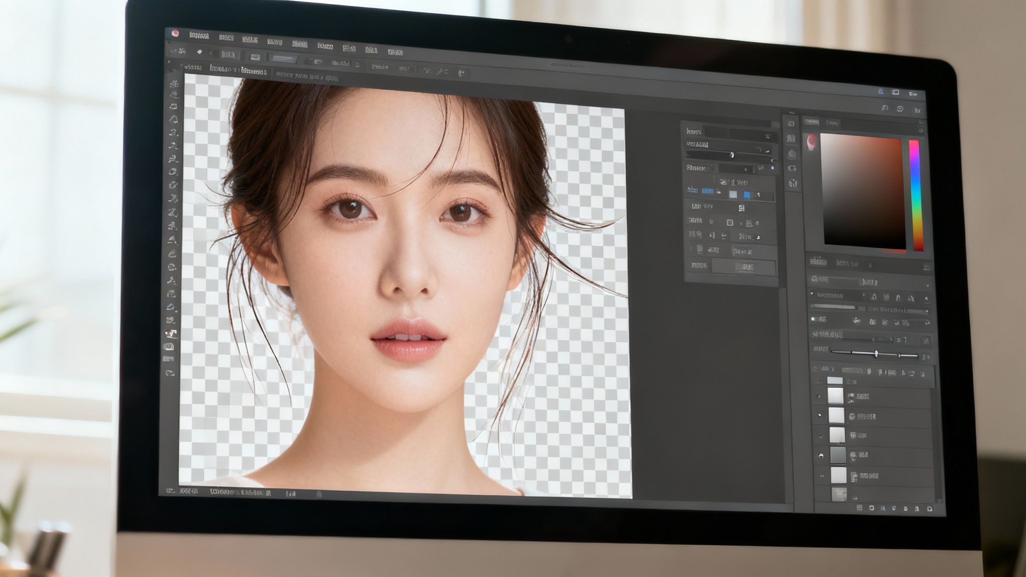 A computer monitor displays a woman's portrait in Photoshop with a transparent background.