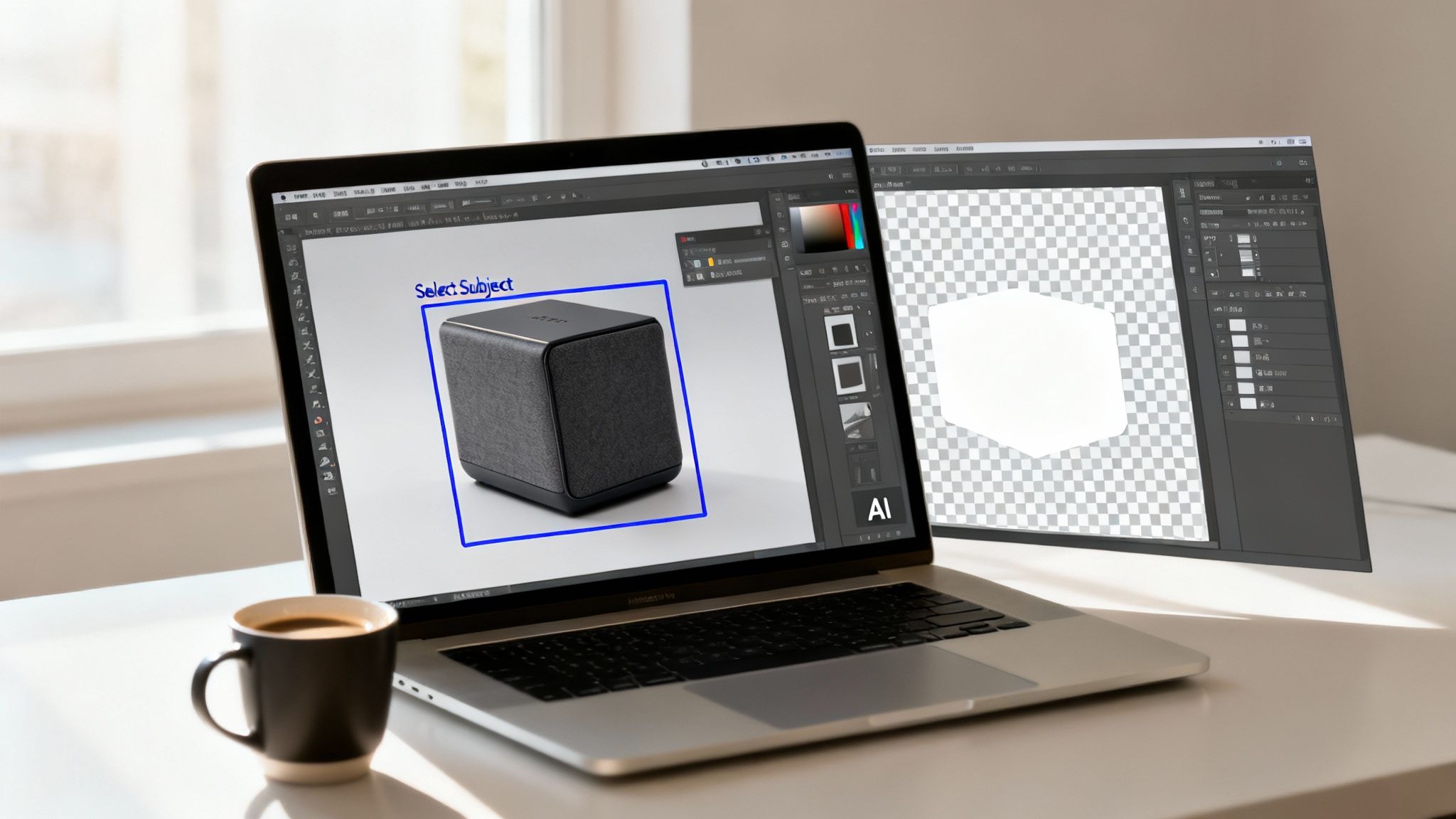 Laptop screen showing a speaker being selected in Photoshop with AI background removal.