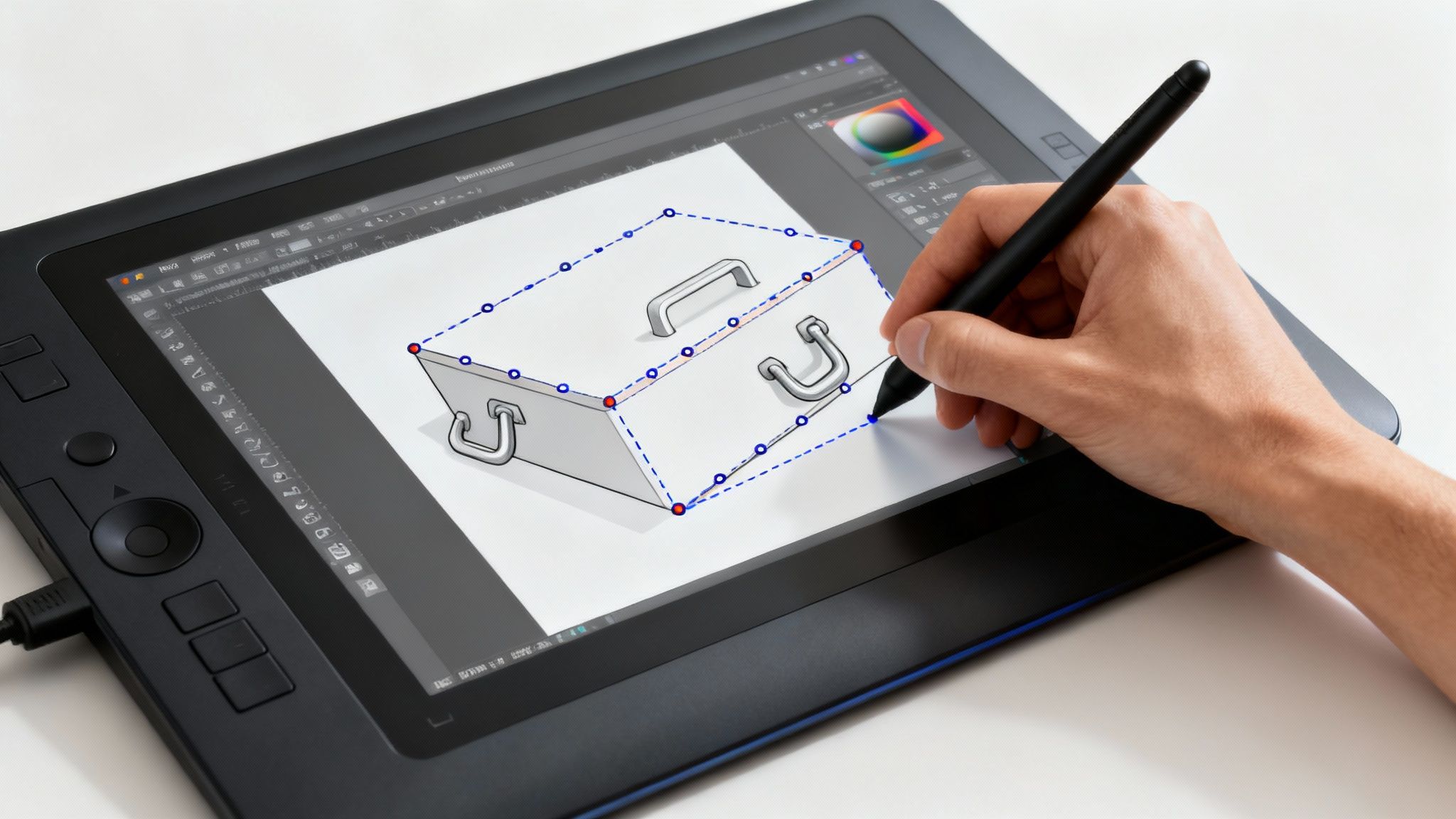 A hand uses a stylus to draw a toolbox illustration on a Wacom graphics tablet.