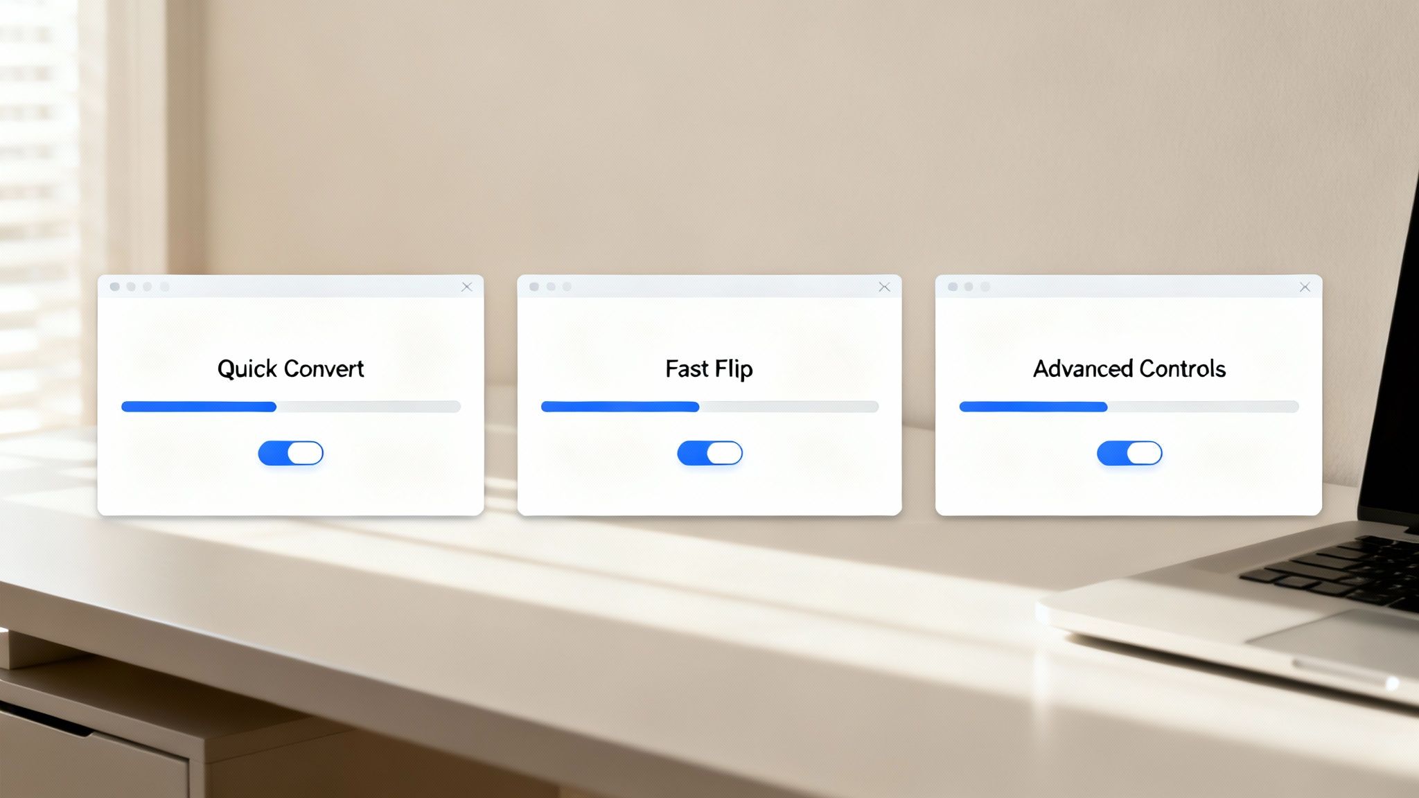Three application windows on a desk labeled 'Quick Convert', 'Fast Flip', and 'Advanced Controls', featuring progress bars and toggle switches.